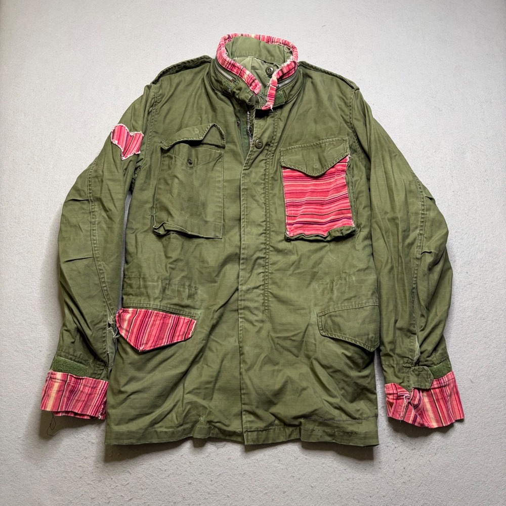 Vintage Military Field Jacket Women M Olive Green Patchwork 90s Distressed M-65
